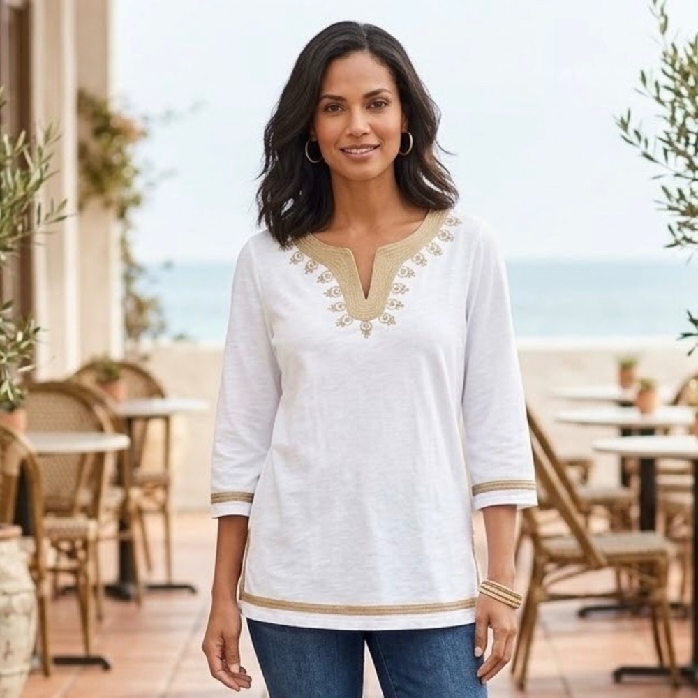 Coldwater Creek White Cotton Tunic Top Gold Embroidered Split V-Neck XL 16